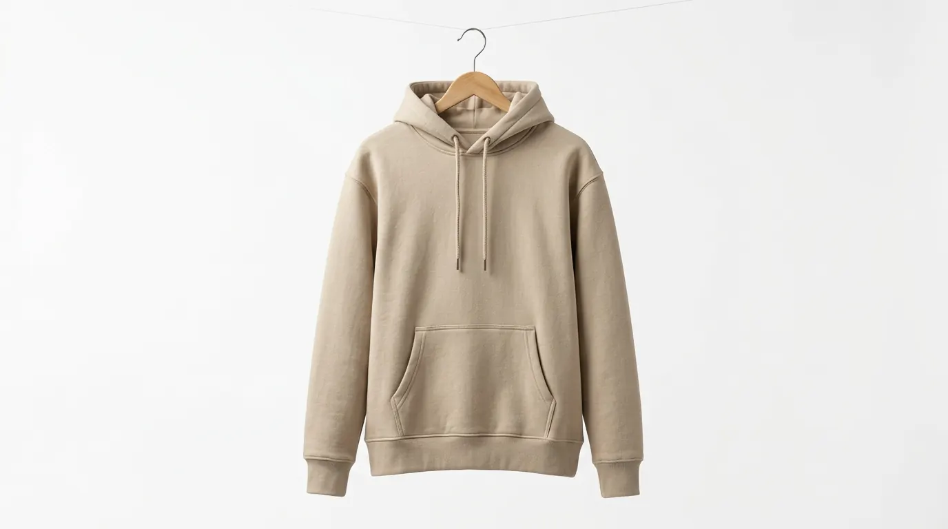 Heavyweight natural blank pullover hoodie hanging in a neutral studio