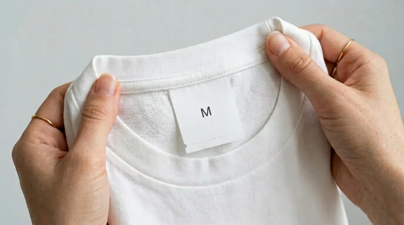 Hands holding a white T-shirt with a plain size M neck label