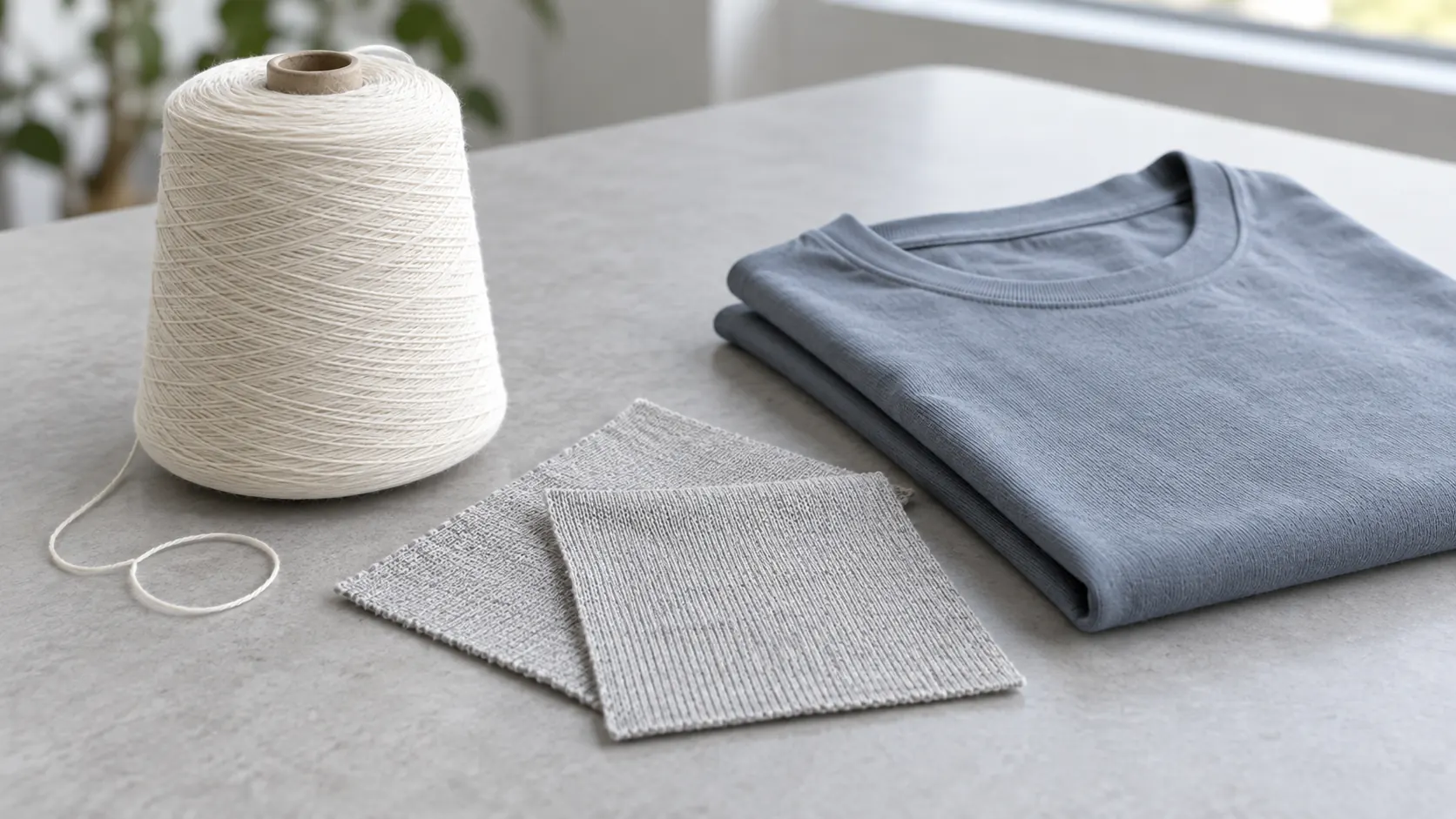 An off-white yarn cone beside two grey knitted swatches and a folded blue-grey T-shirt