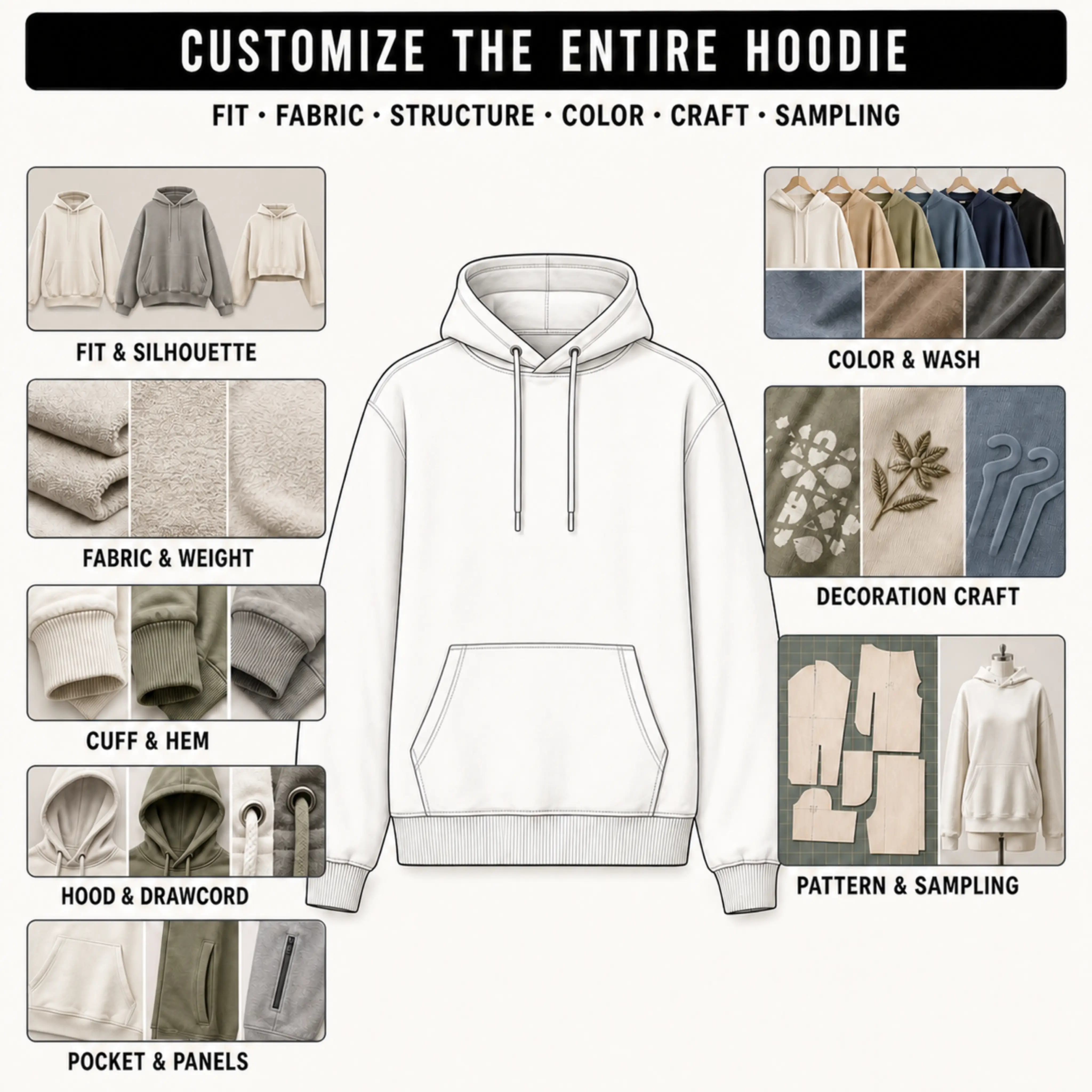 Full garment customization options for hoodie fit, fabric, construction, colour and sampling