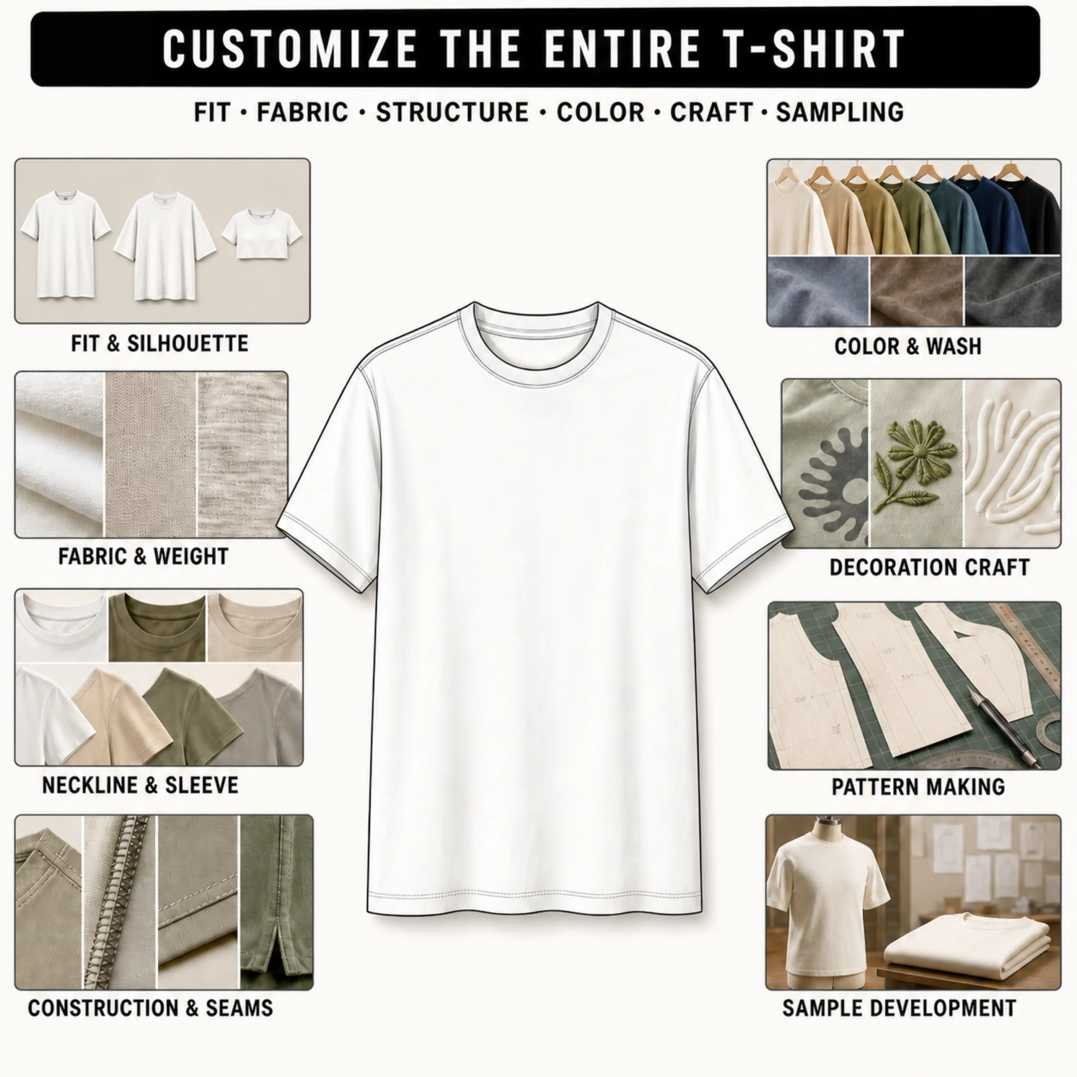 Full garment customization options for T-shirt fit, fabric, construction, colour and sampling