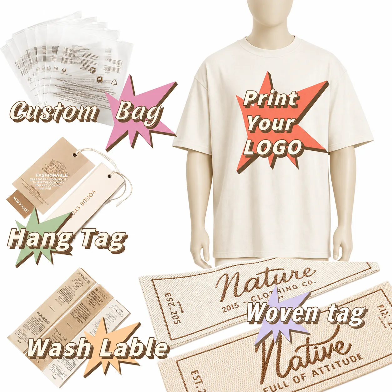 Private-label garment sample with decoration, labels and brand accessories