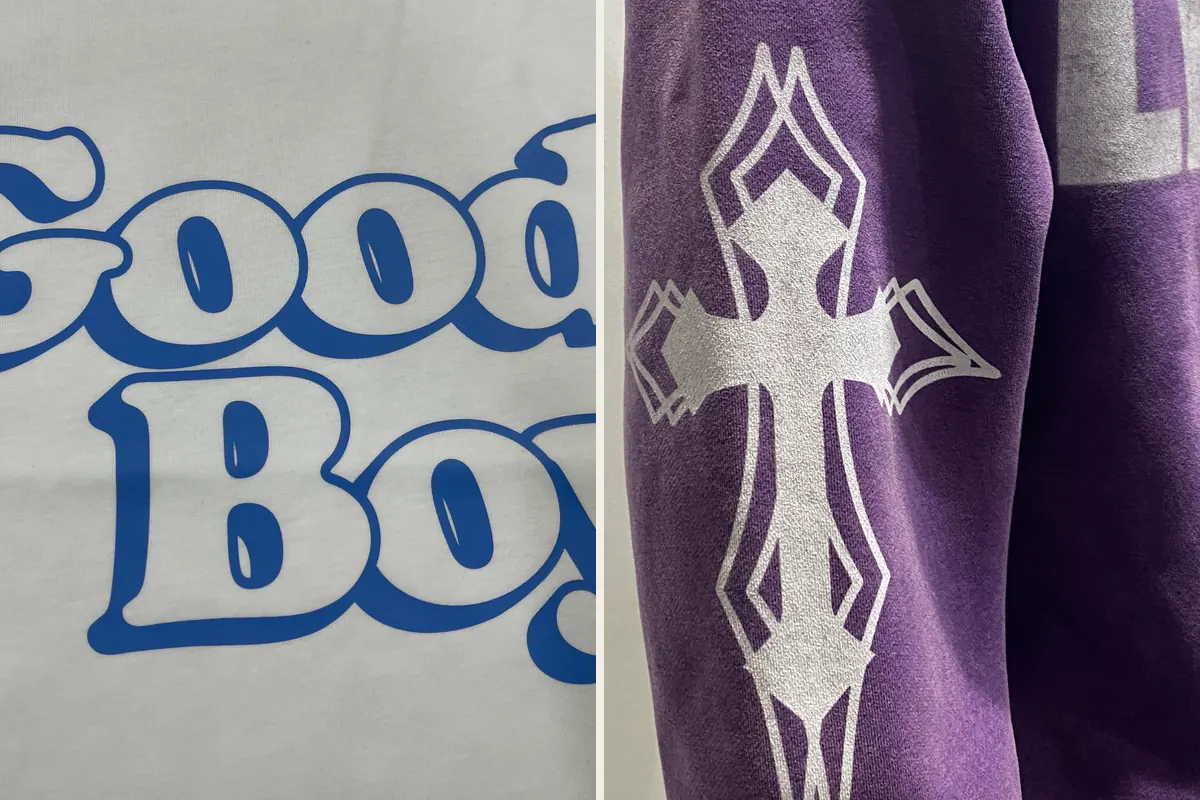 Close-up of blue screen-printed lettering on white fabric beside a white digital graphic on purple fabric