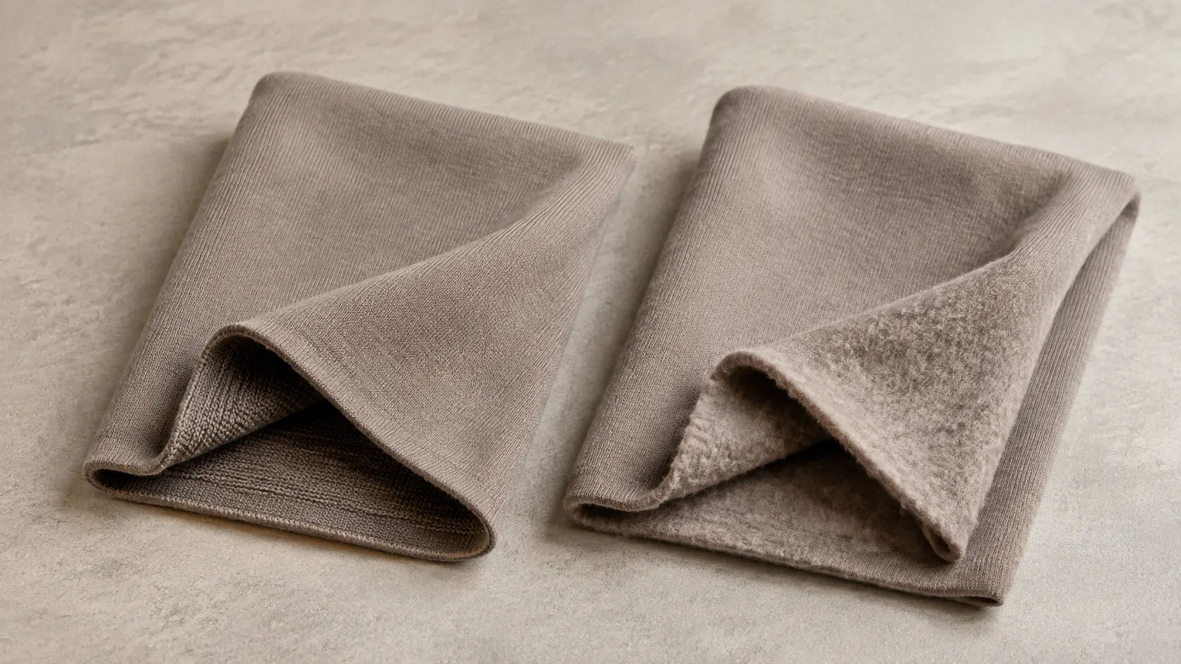 Two neutral sweatshirt fabric swatches folded to show their inner surfaces on a plain table