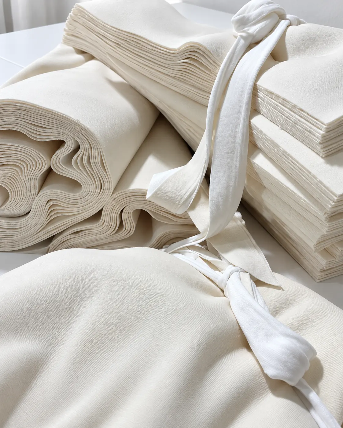 Cream garment panels stacked and bundled after cutting