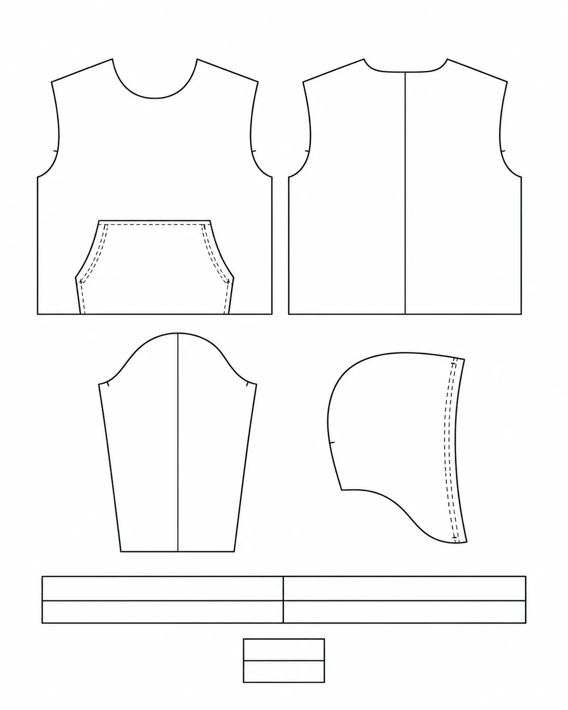 Line drawing of hoodie body, sleeve, hood and rib pattern components