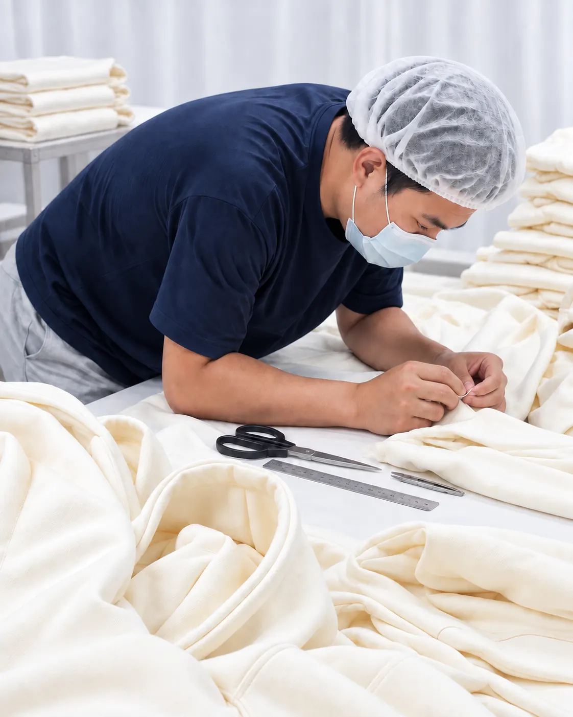 Close visual inspection of cream garment fabric at a worktable