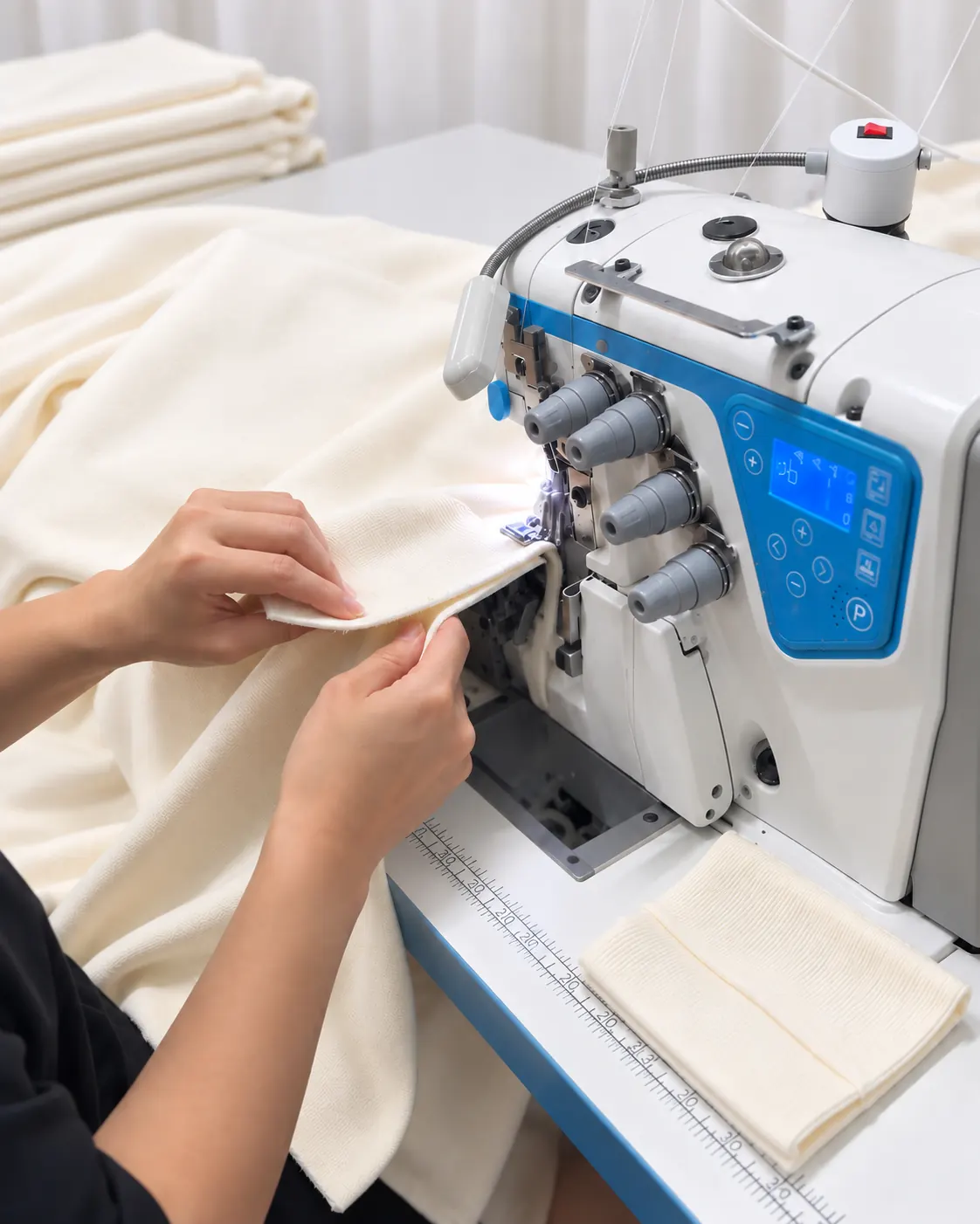 Cream garment layers being sewn with a rib cuff beside the machine