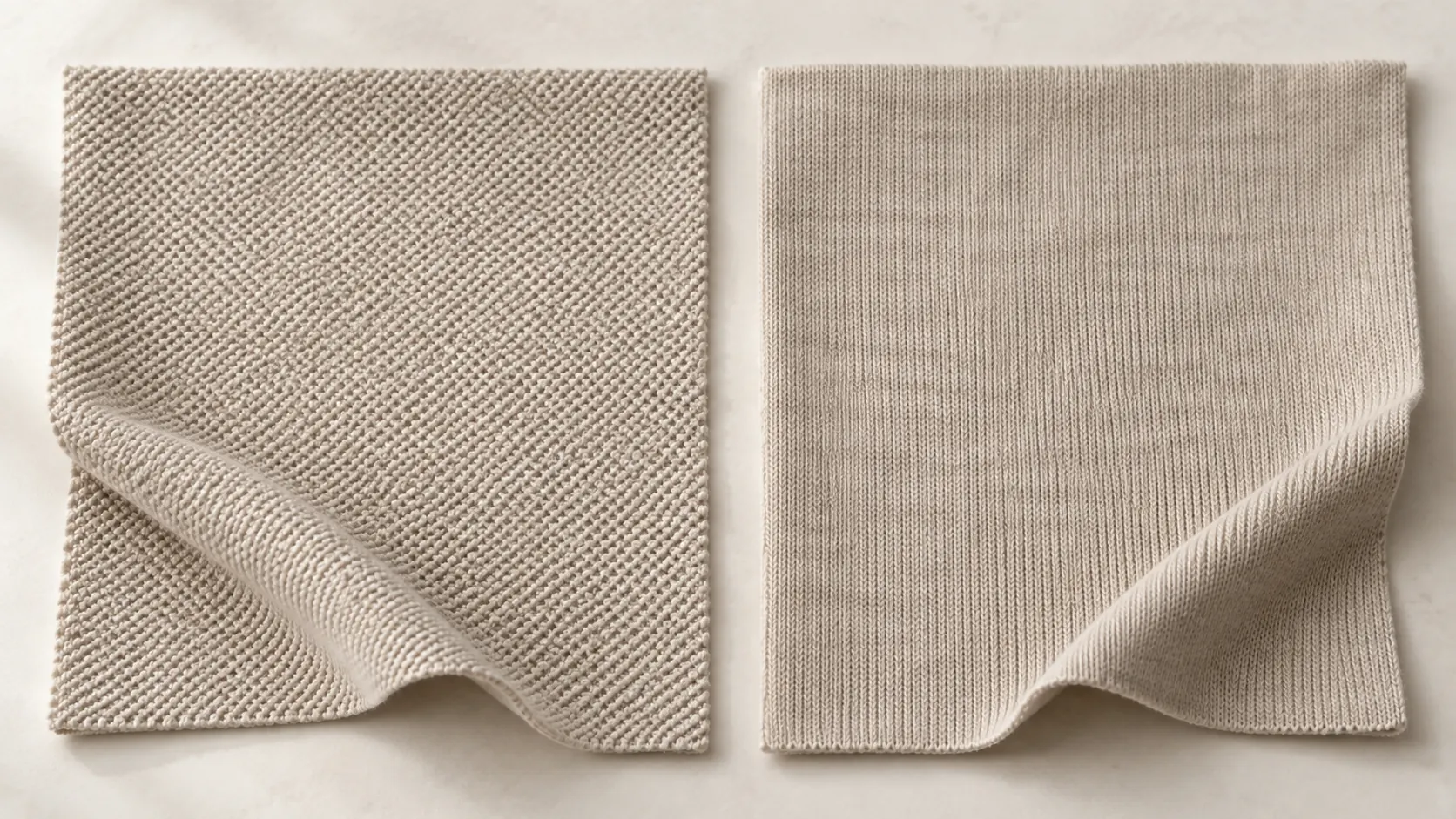Two beige knitted fabric swatches with a textured surface on the left and a smooth surface on the right