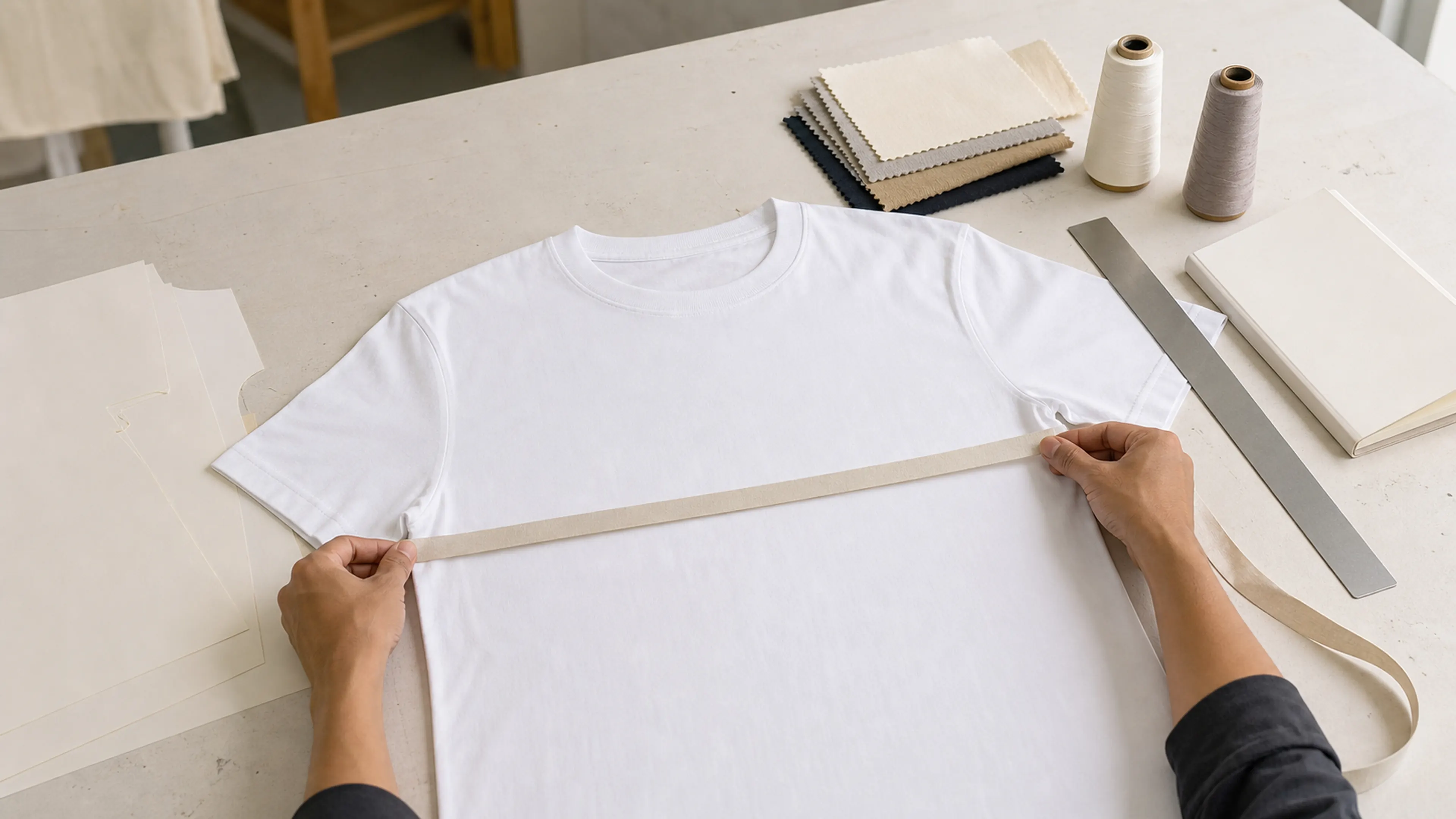 Hands measuring the width of a white blank T-shirt beside fabric swatches and pattern paper