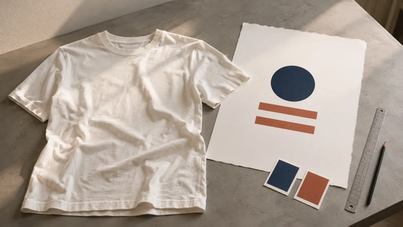 A blank cream T-shirt beside a paper geometric artwork proof, two colour swatches, a ruler and a pencil