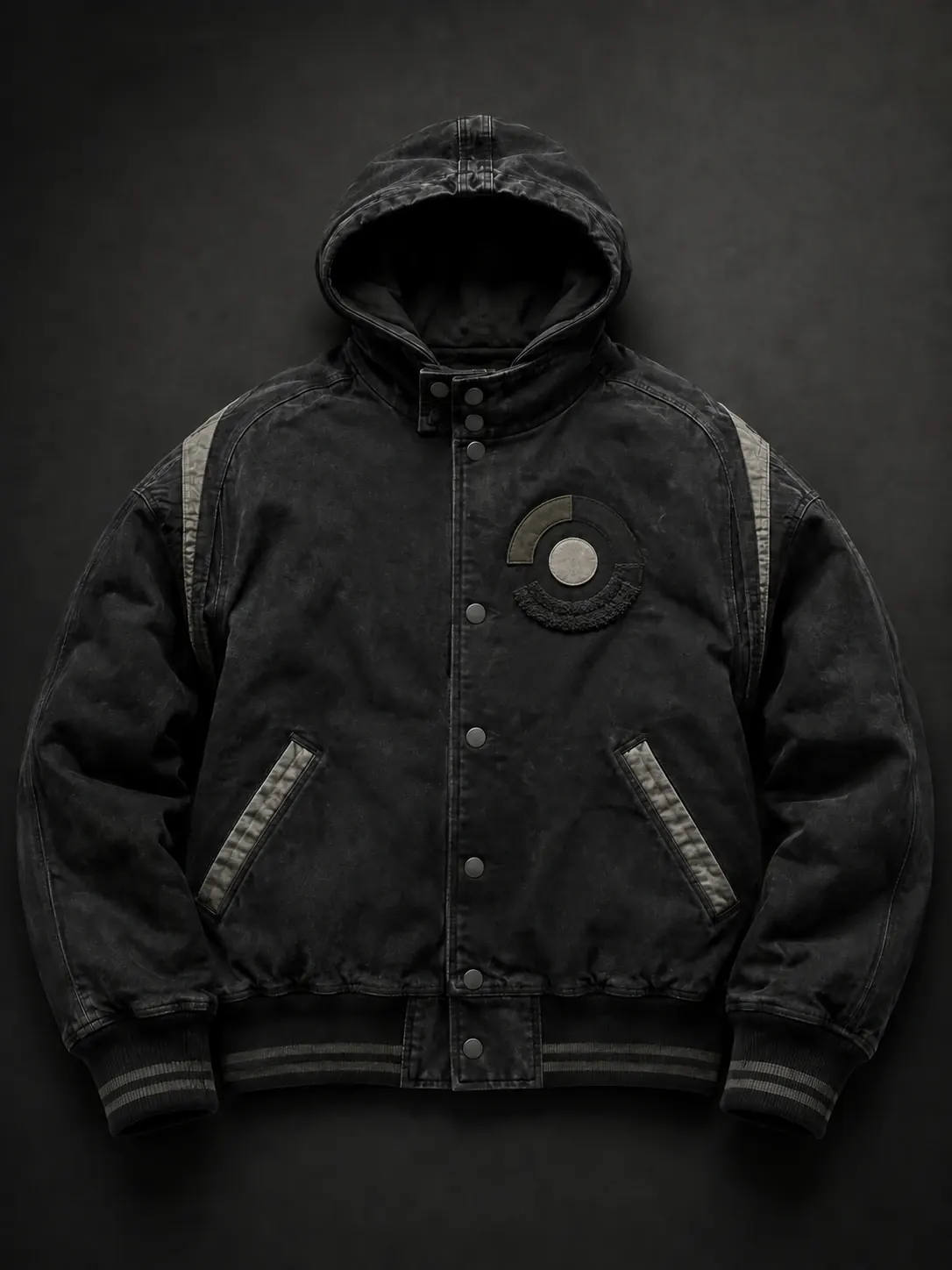 Washed black streetwear jacket with an abstract embroidered chest patch
