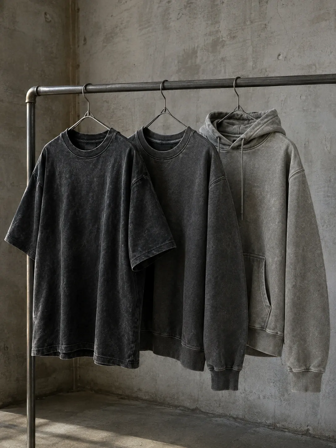 Washed black and grey streetwear garments displayed on an industrial rail
