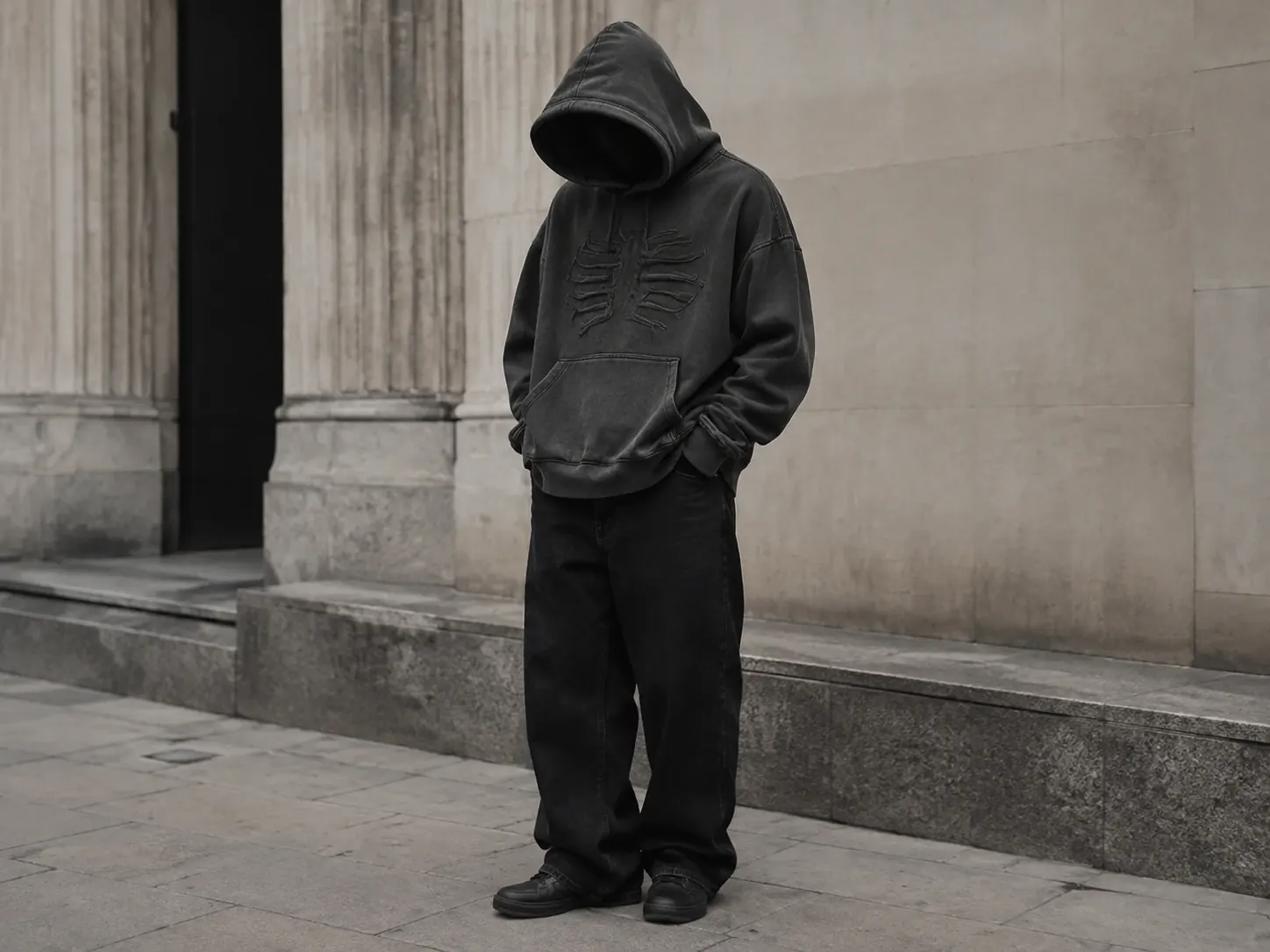 Anonymous model wearing an oversized washed black streetwear hoodie