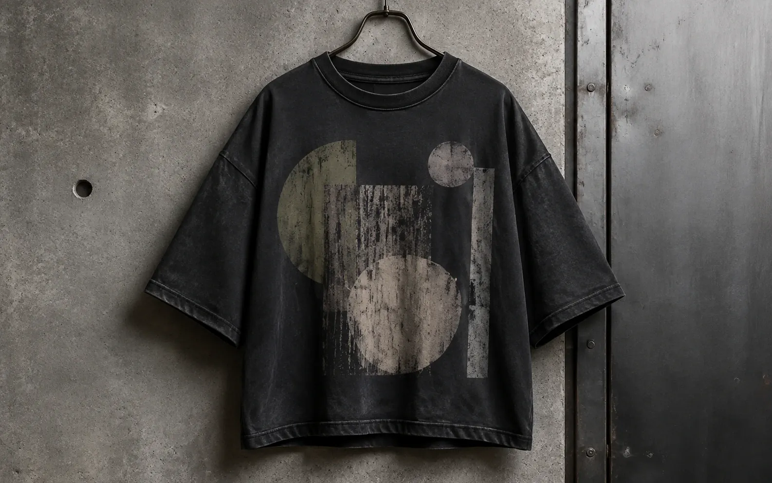 Oversized washed black streetwear T-shirt with an abstract distressed print