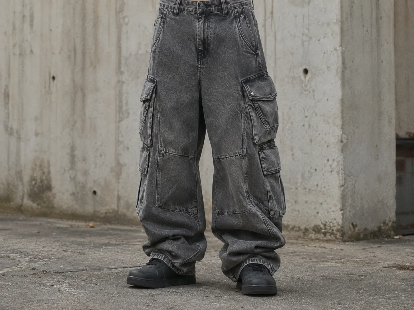 Wide-leg washed denim cargo trousers styled for a streetwear collection