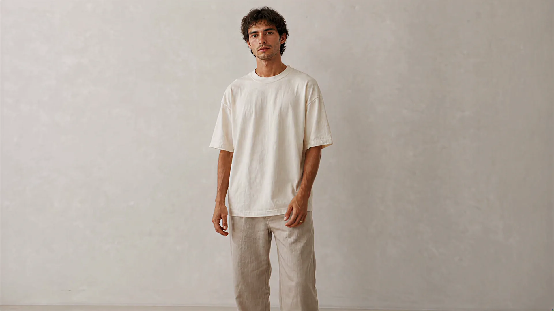 Model wearing an oversized cream T-shirt in a neutral studio