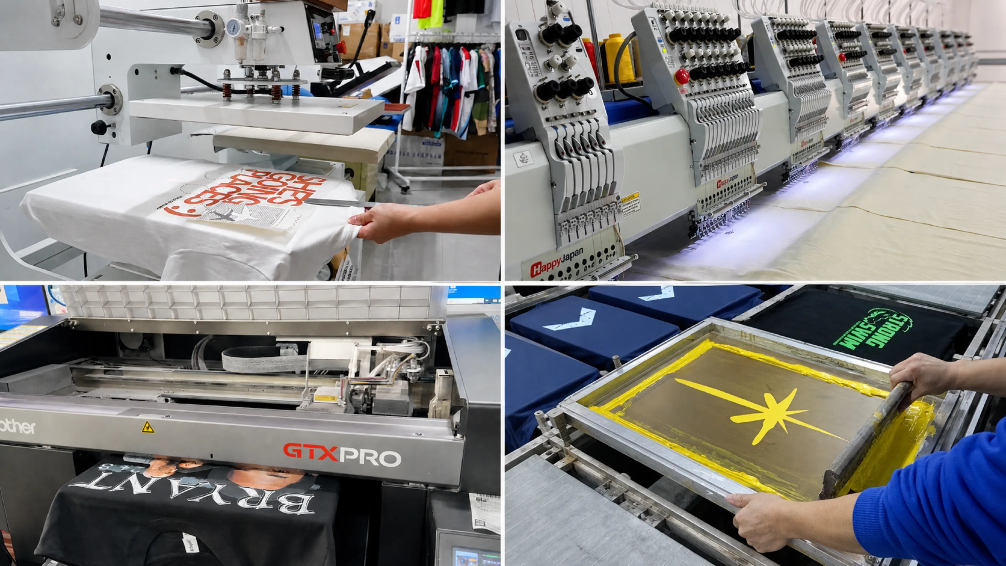 Four apparel decoration processes including heat transfer, embroidery, digital printing and screen printing