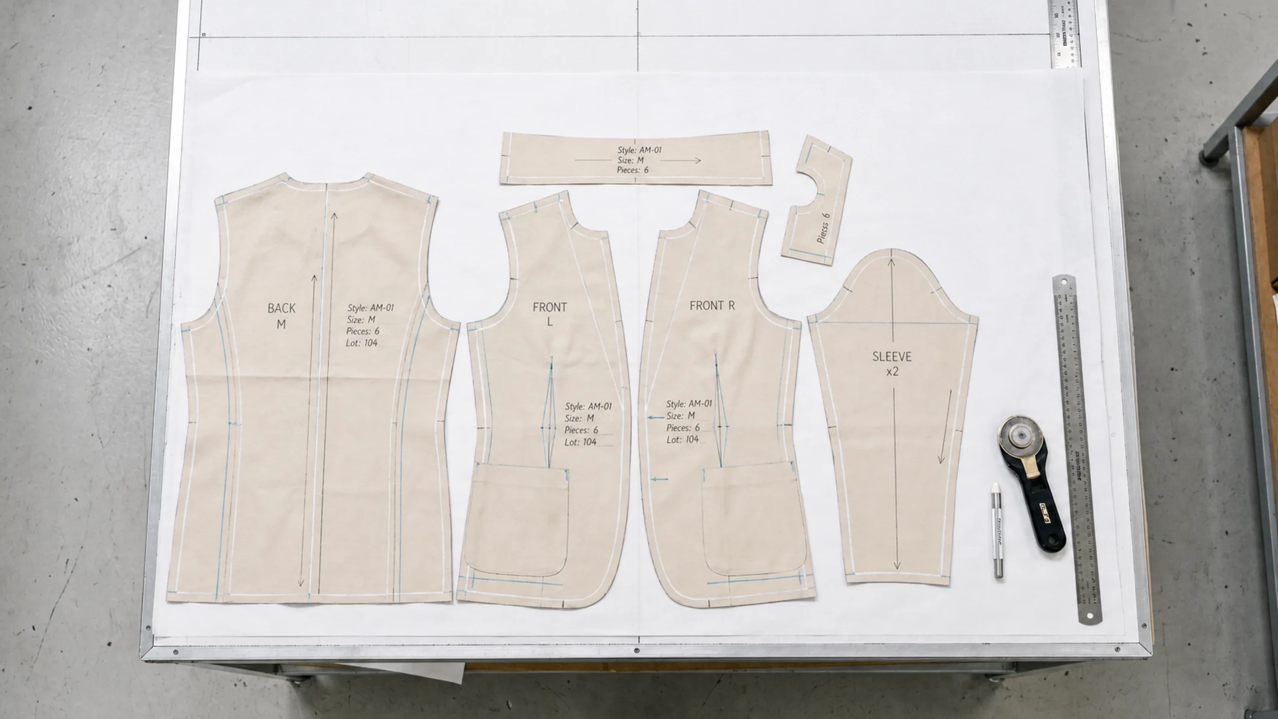 Pattern and sample references used during custom clothing development