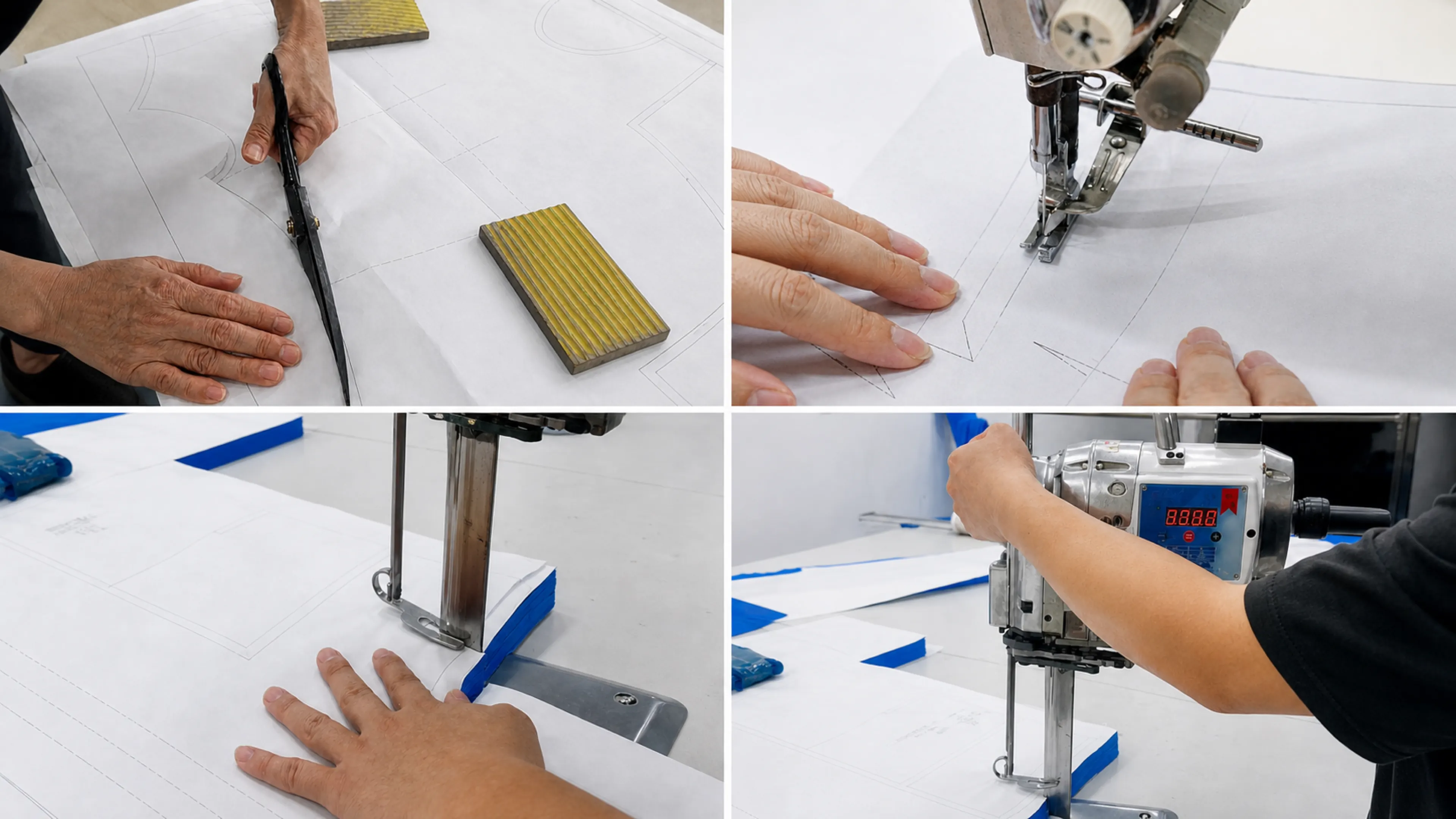 Four views of garment pattern making and cutting during full custom sample development