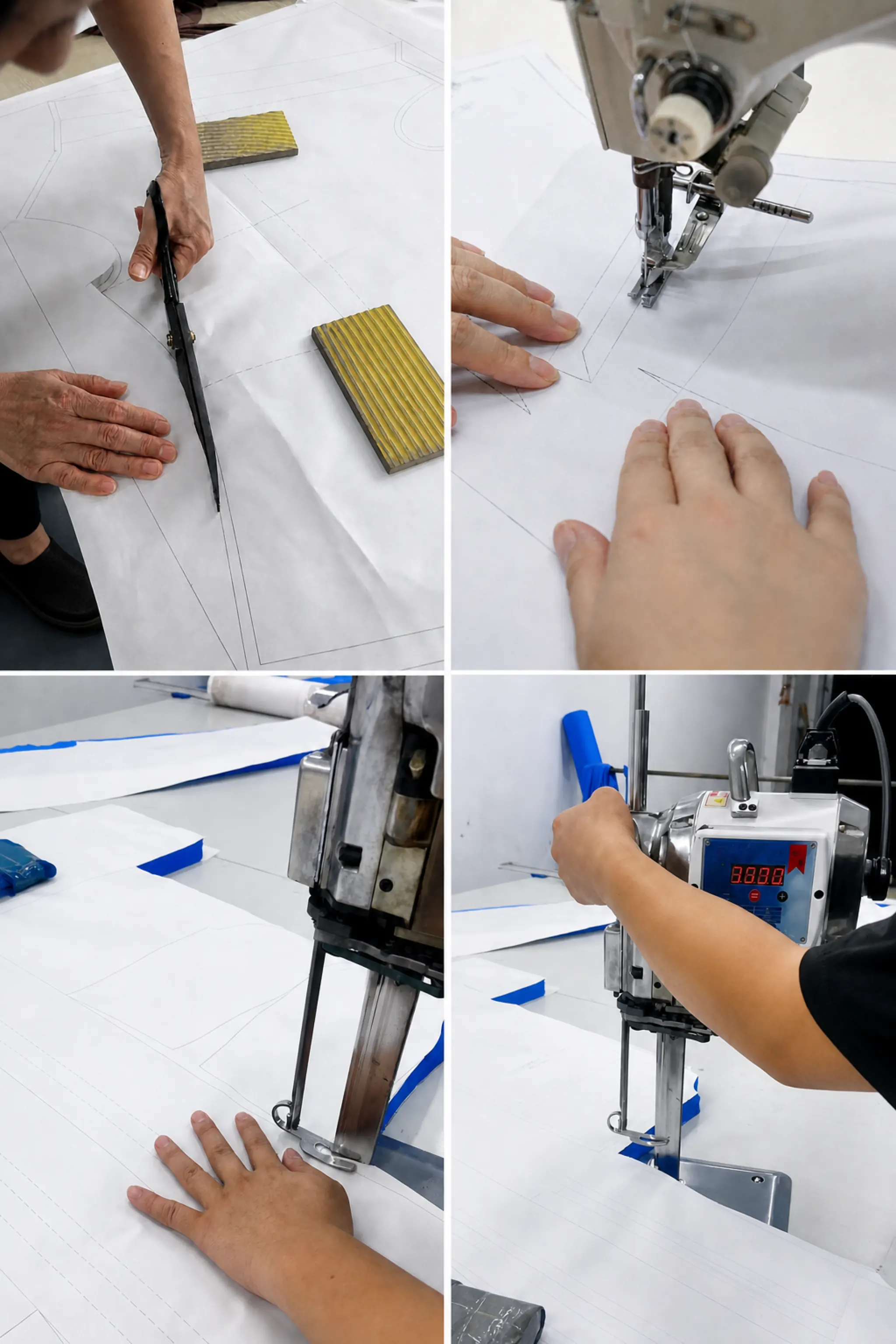 Pattern development, sample cutting and production cutting shown in a four-panel vertical sequence