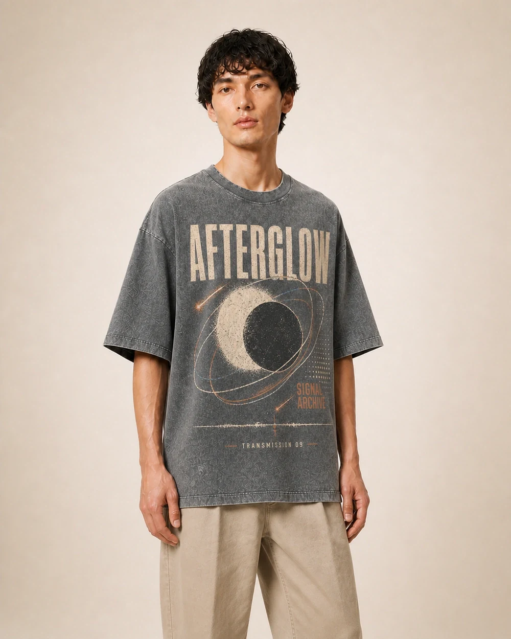 Afterglow shown in a mid-length three-quarter model view in Mid Grey