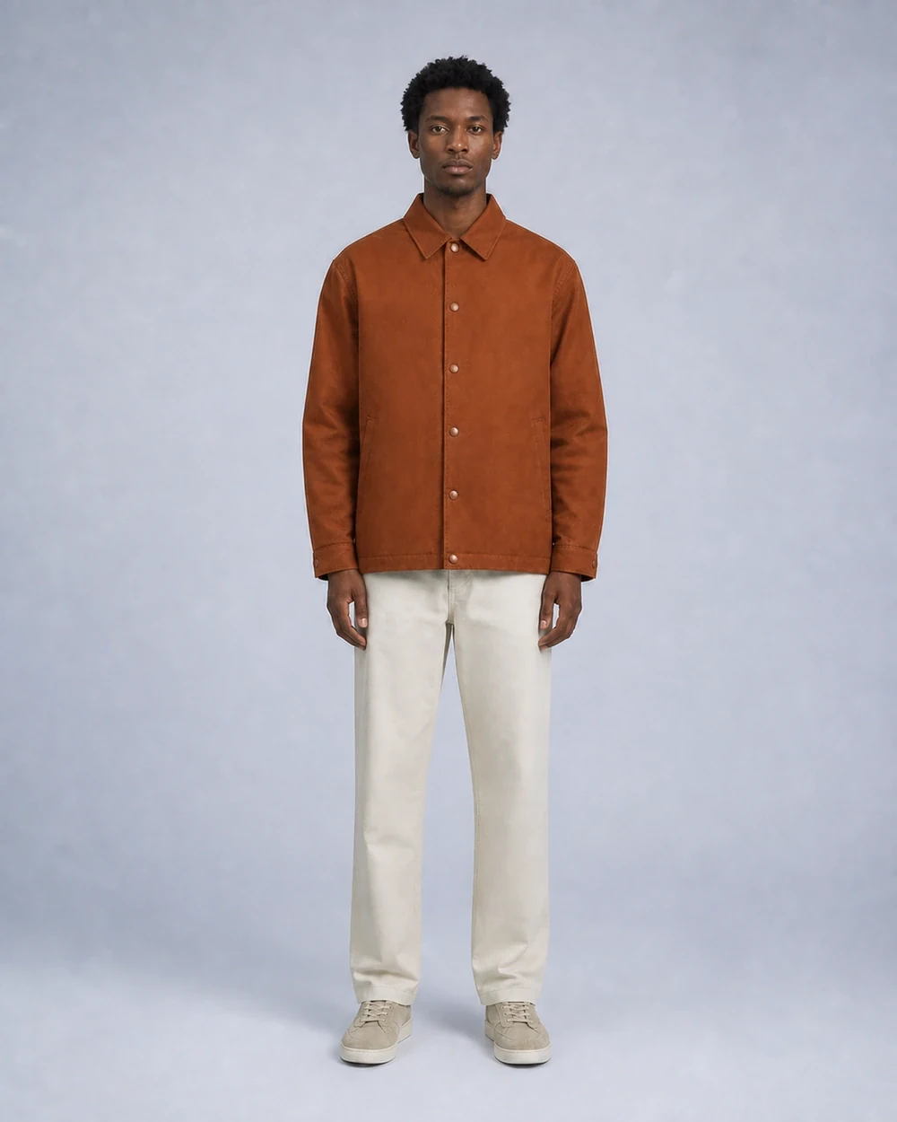 Frame Coach shown in a full-length front model view in Rust Brown