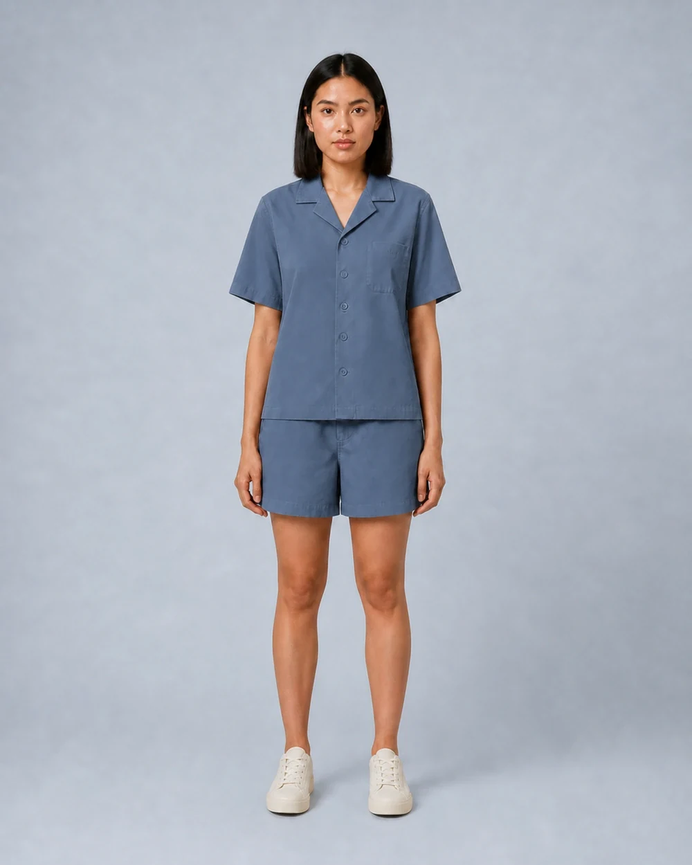 Cove Set shown in a full-length front model view in Slate Blue
