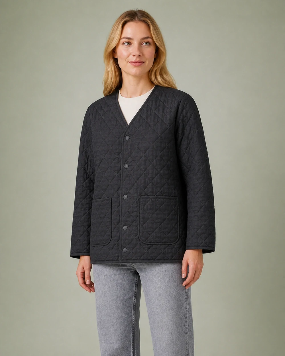 Lattice Liner shown in a mid-length three-quarter model view in Charcoal