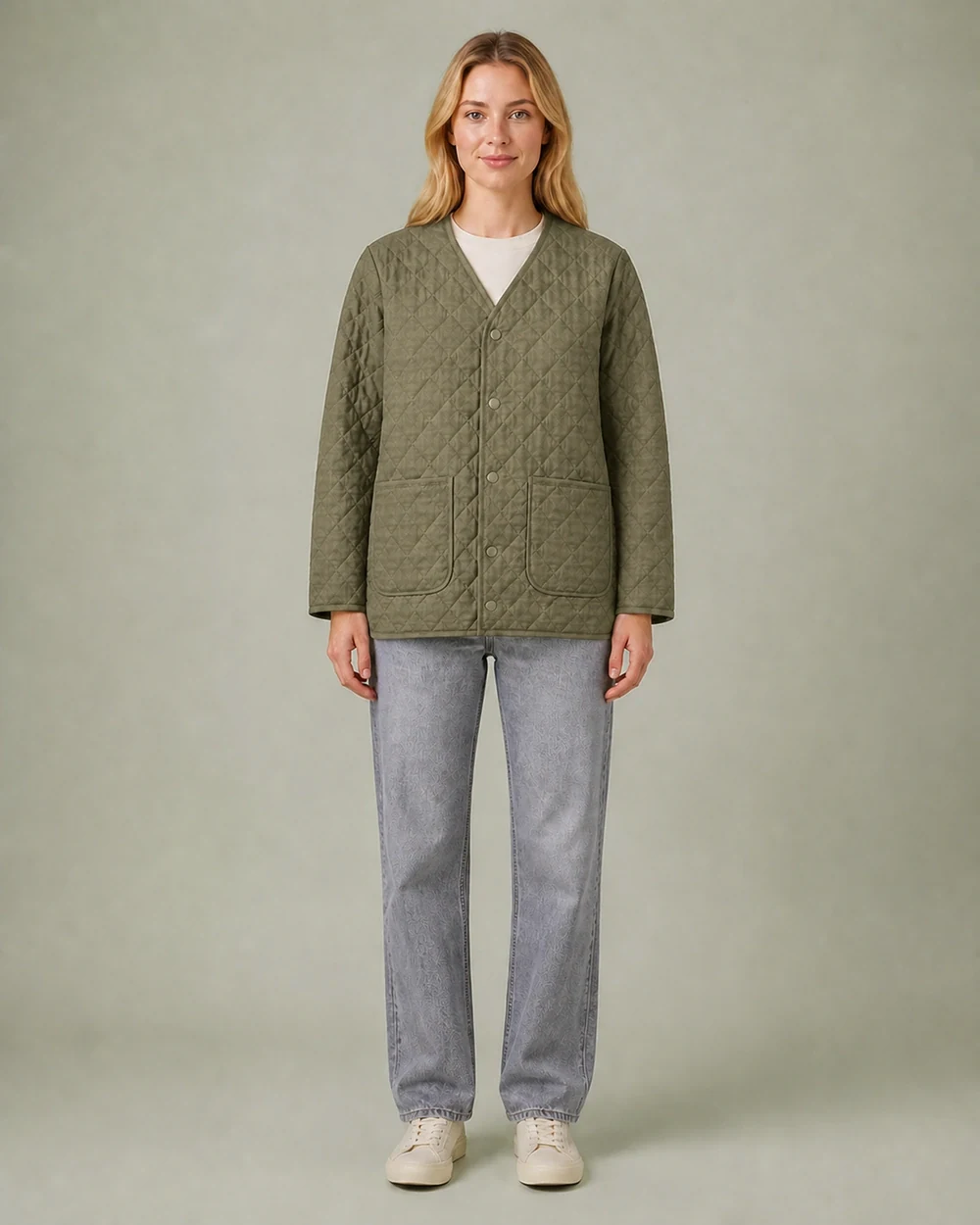 Lattice Liner shown in a full-length front model view in Dusty Olive