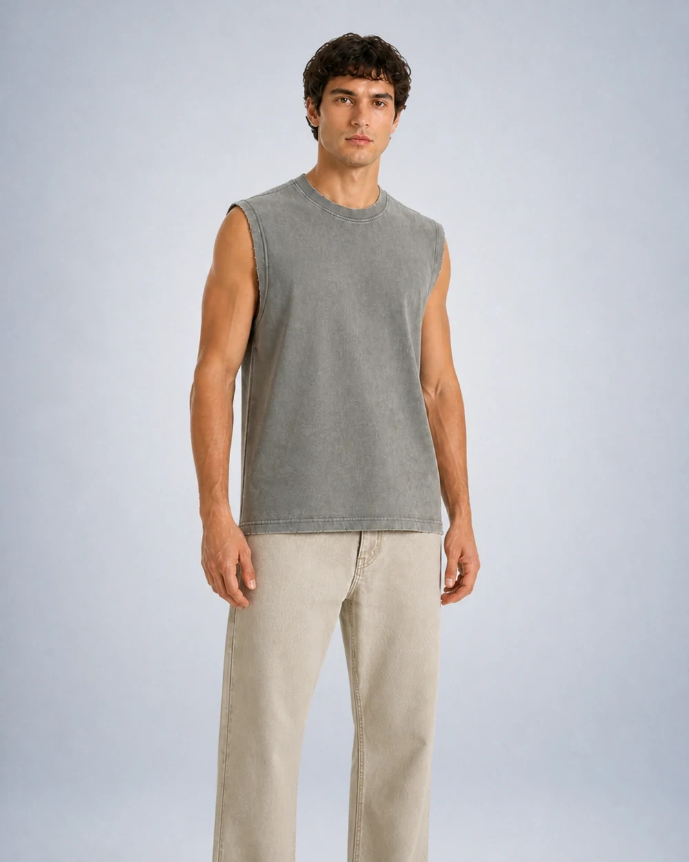 Rawline Tank shown in a mid-length three-quarter model view in Washed Grey Green