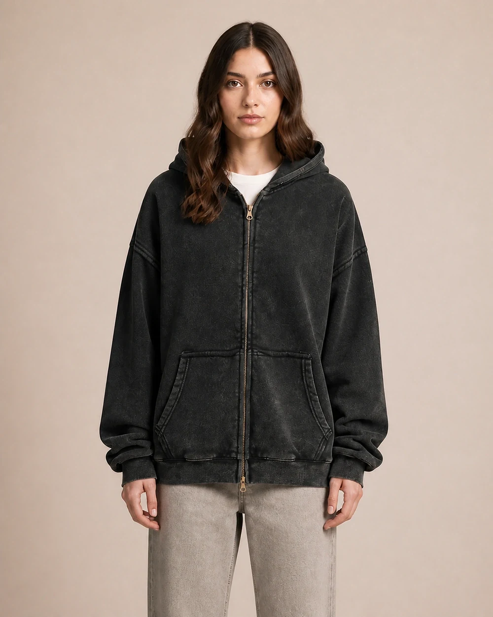 Frayed shown in a mid-length three-quarter model view in Washed Black