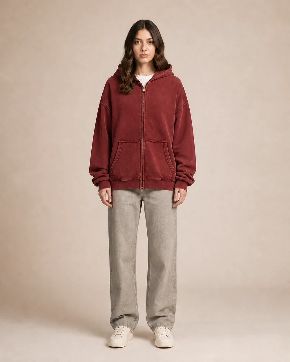Frayed shown in a full-length front model view in Washed Red