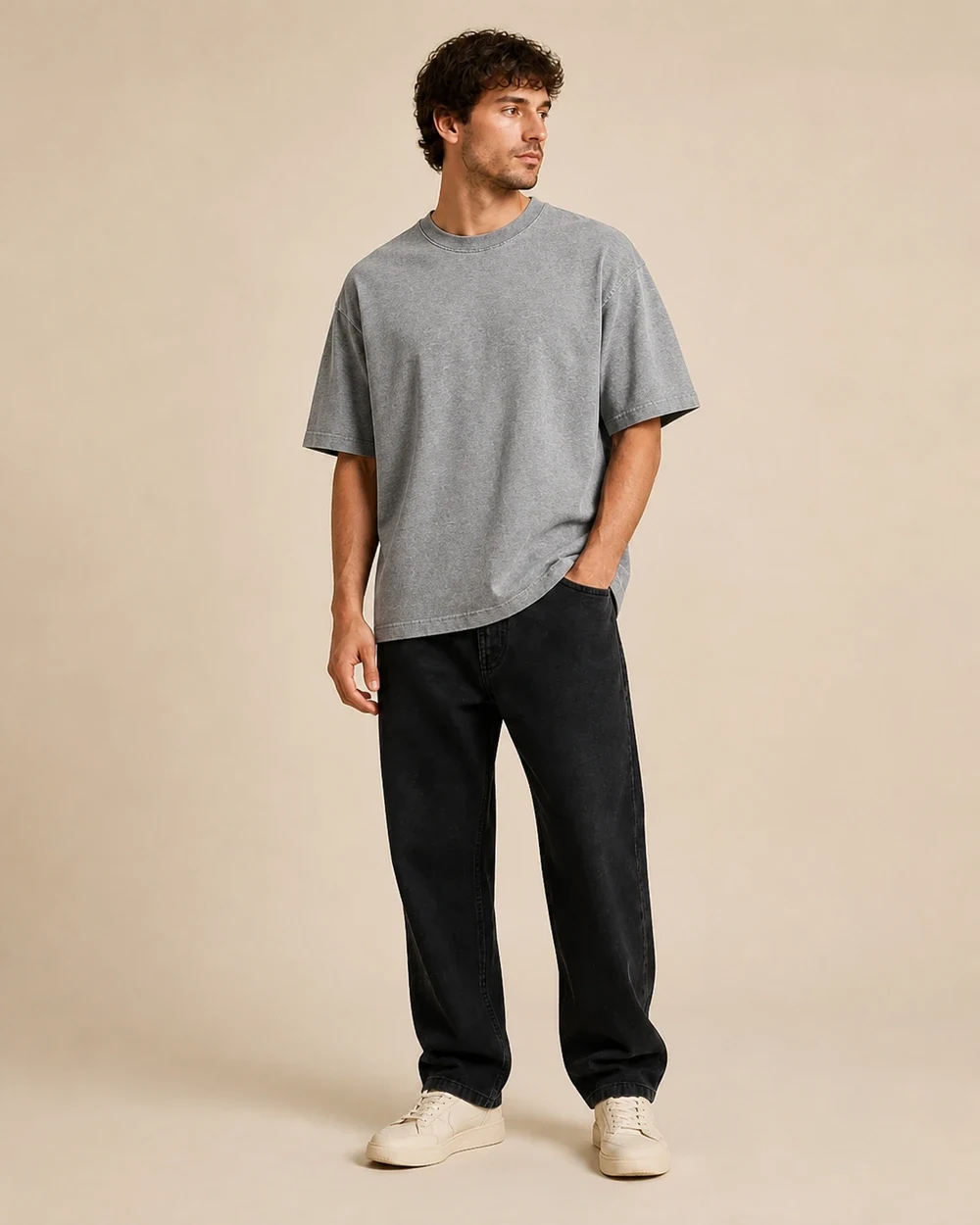 Hipster Tee shown in a full-length front model view in Heather Grey