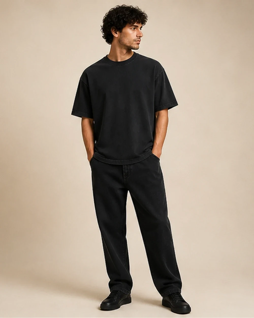 Hipster Tee shown in a mid-length three-quarter model view in Washed Black
