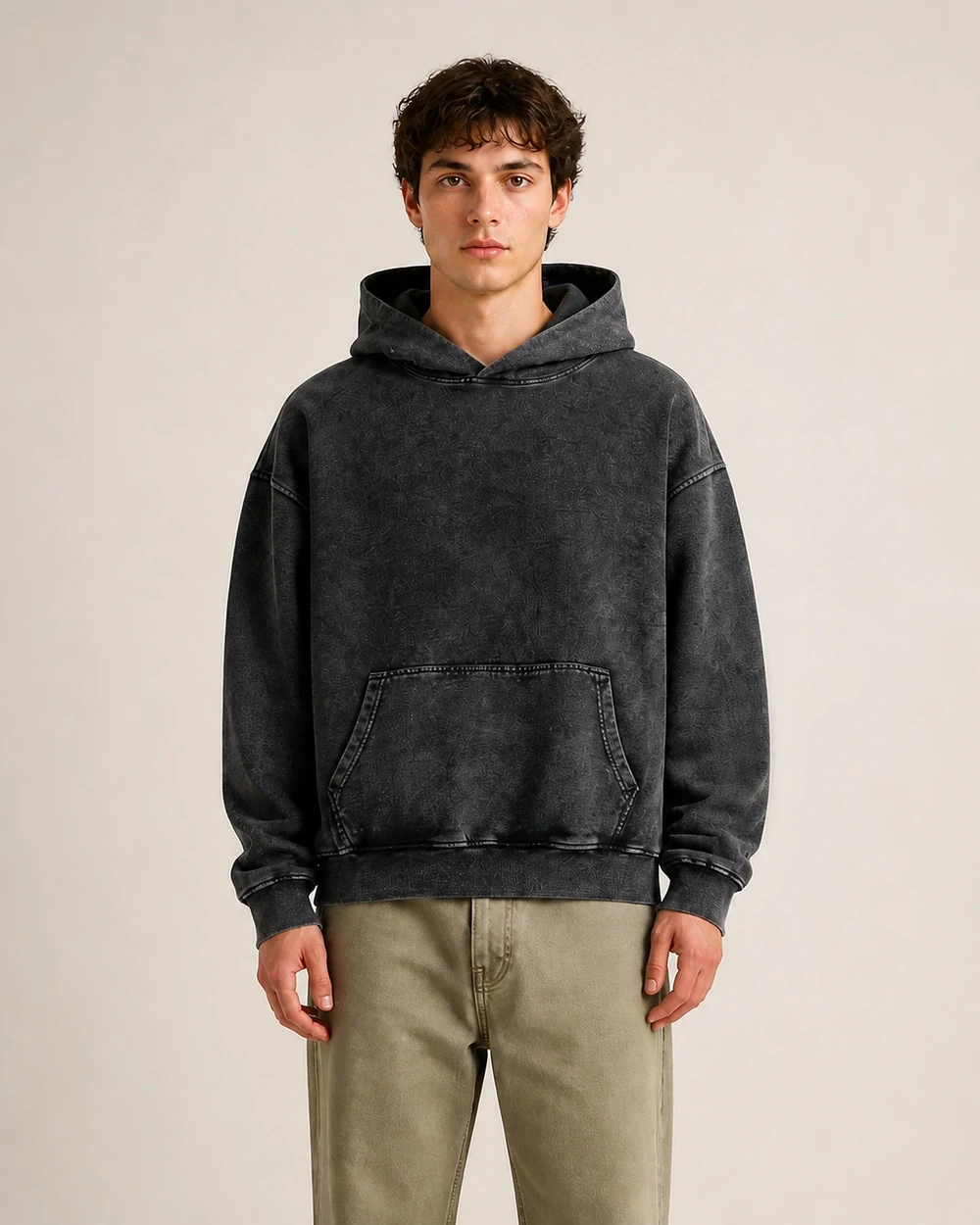 Washed Form shown in a mid-length three-quarter model view in Snow-Wash Black