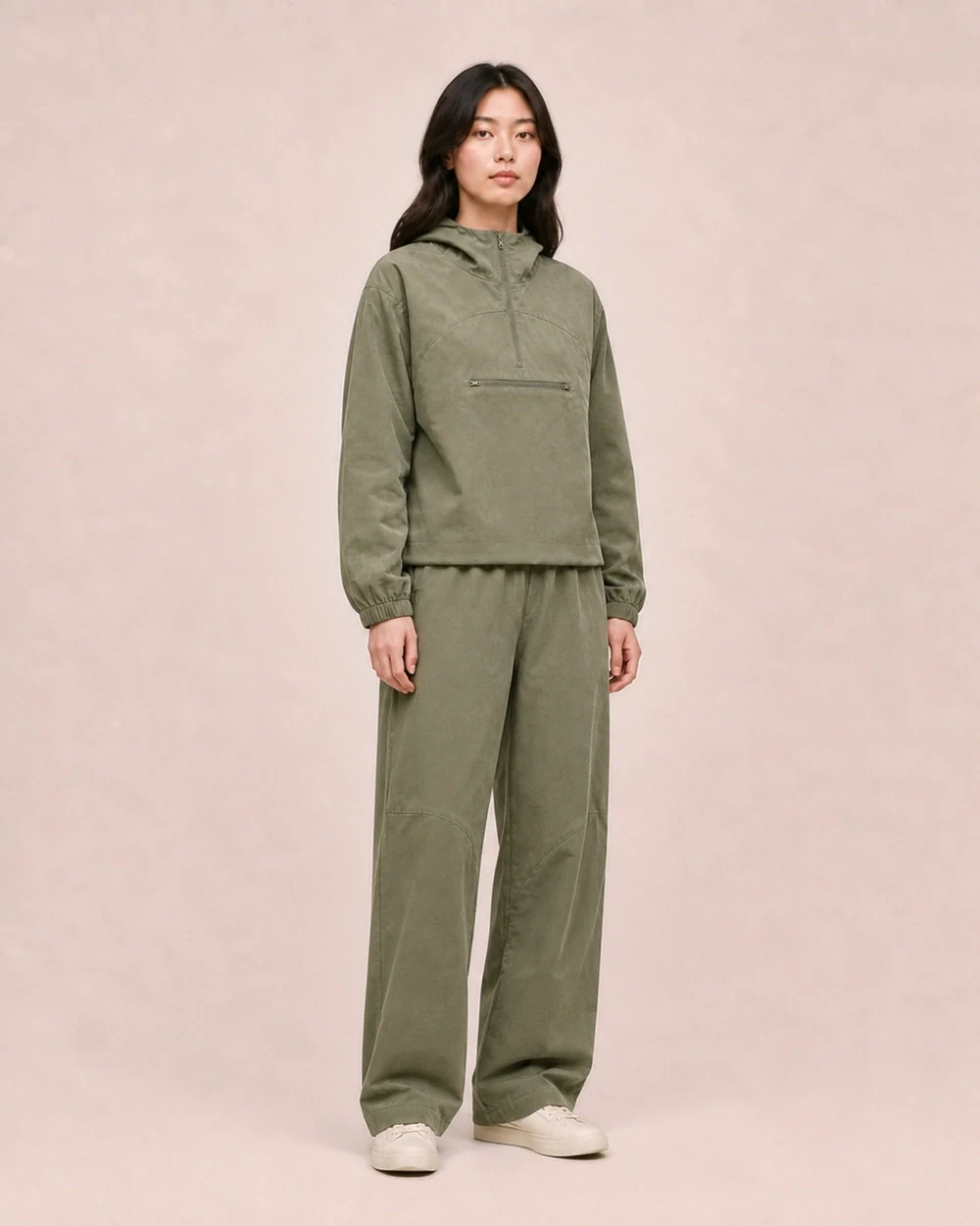 Trail shown in a full-length three-quarter model view in Dusty Olive