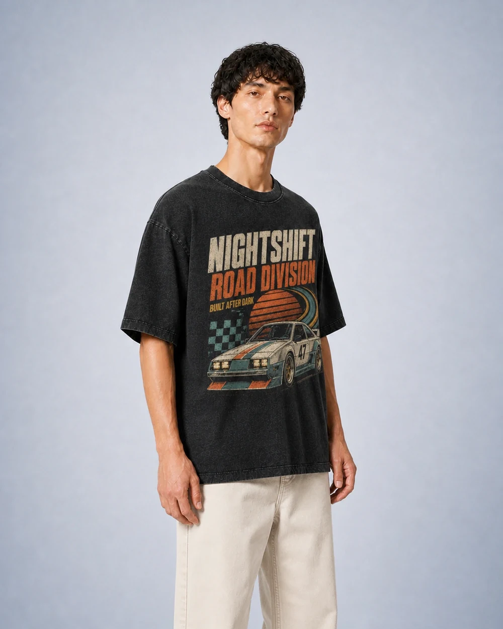 Nightshift shown in a mid-length three-quarter model view in Vintage Black