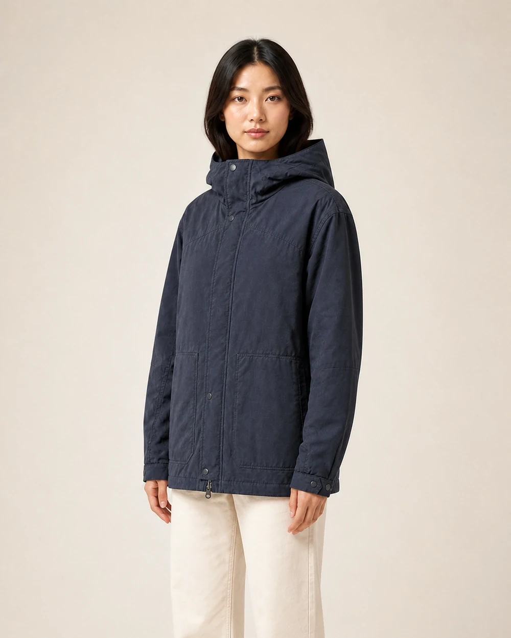 Roam Shell shown in a mid-length three-quarter model view in Slate Navy
