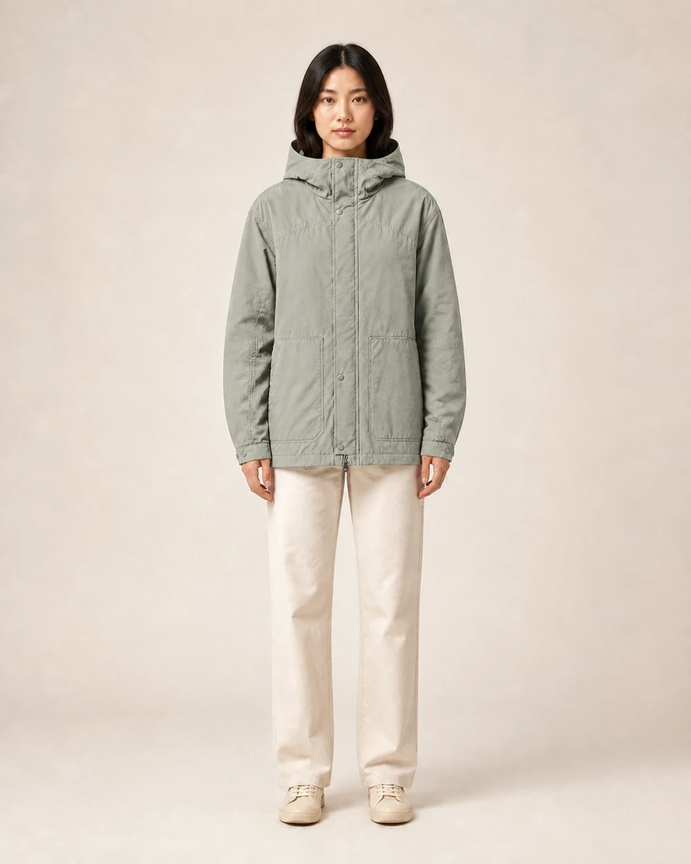 Roam Shell shown in a full-length front model view in Sage Grey