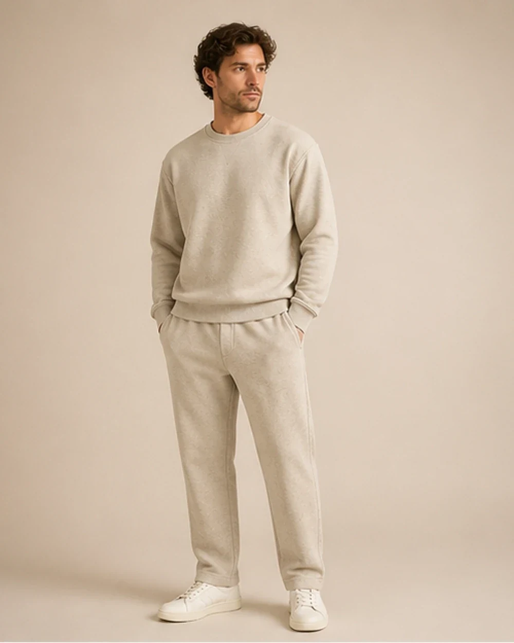 Haven Set shown in a full-length three-quarter model view in Oat