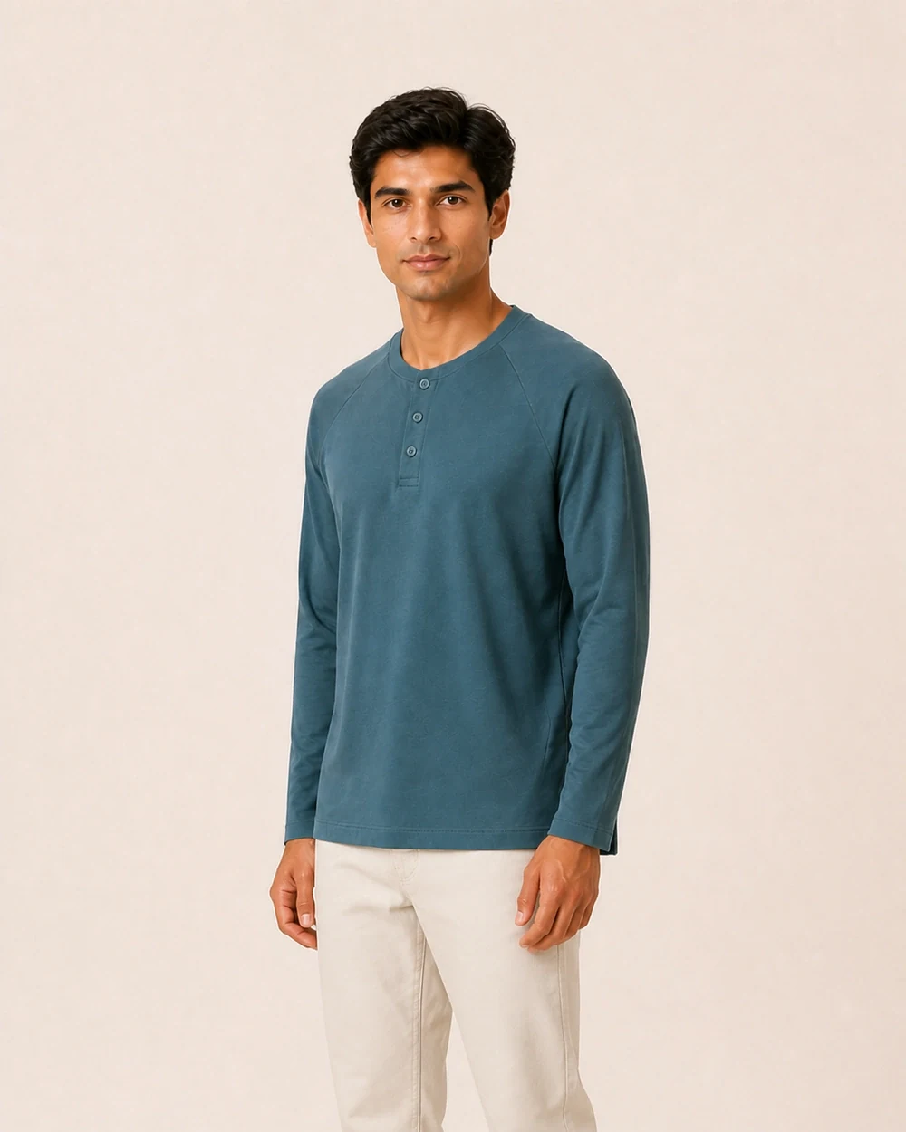 Relay Henley shown in a mid-length three-quarter model view in Muted Teal