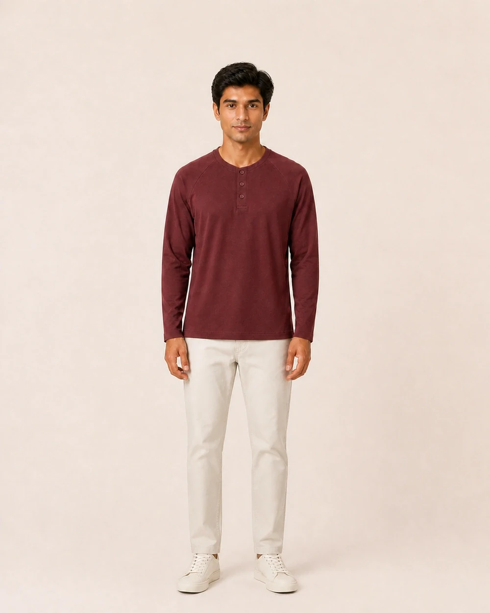 Relay Henley shown in a full-length front model view in Washed Burgundy