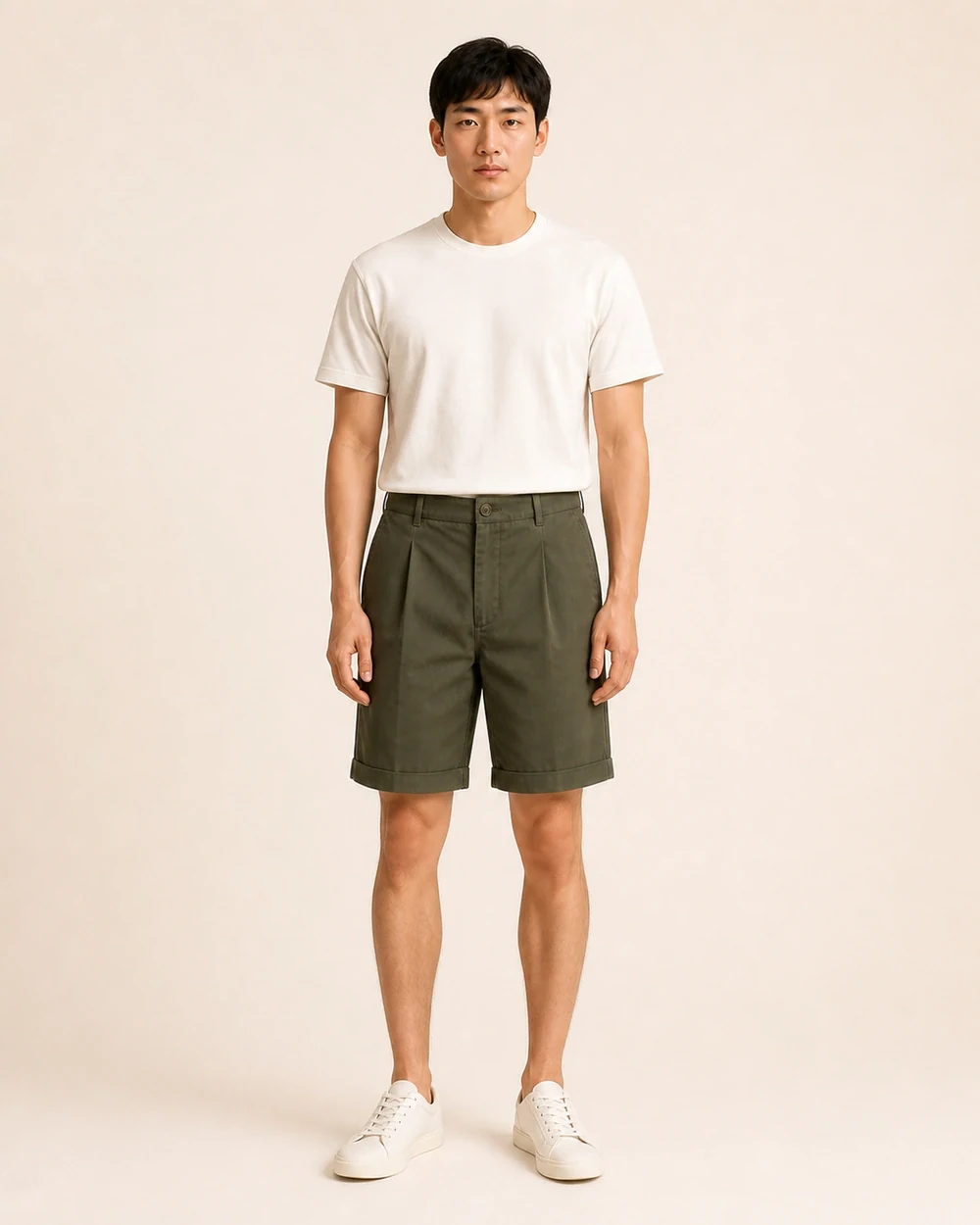 Pleat Chino shown on a model