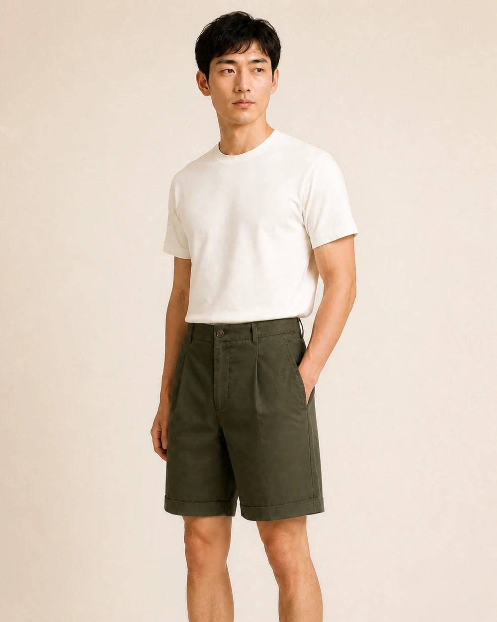 Pleat Chino shown in a full-length three-quarter model view in Deep Olive