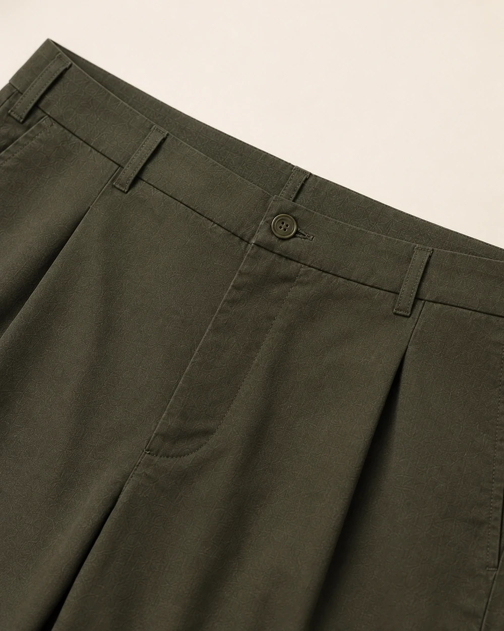 Pleat Chino construction detail shown in context in Deep Olive