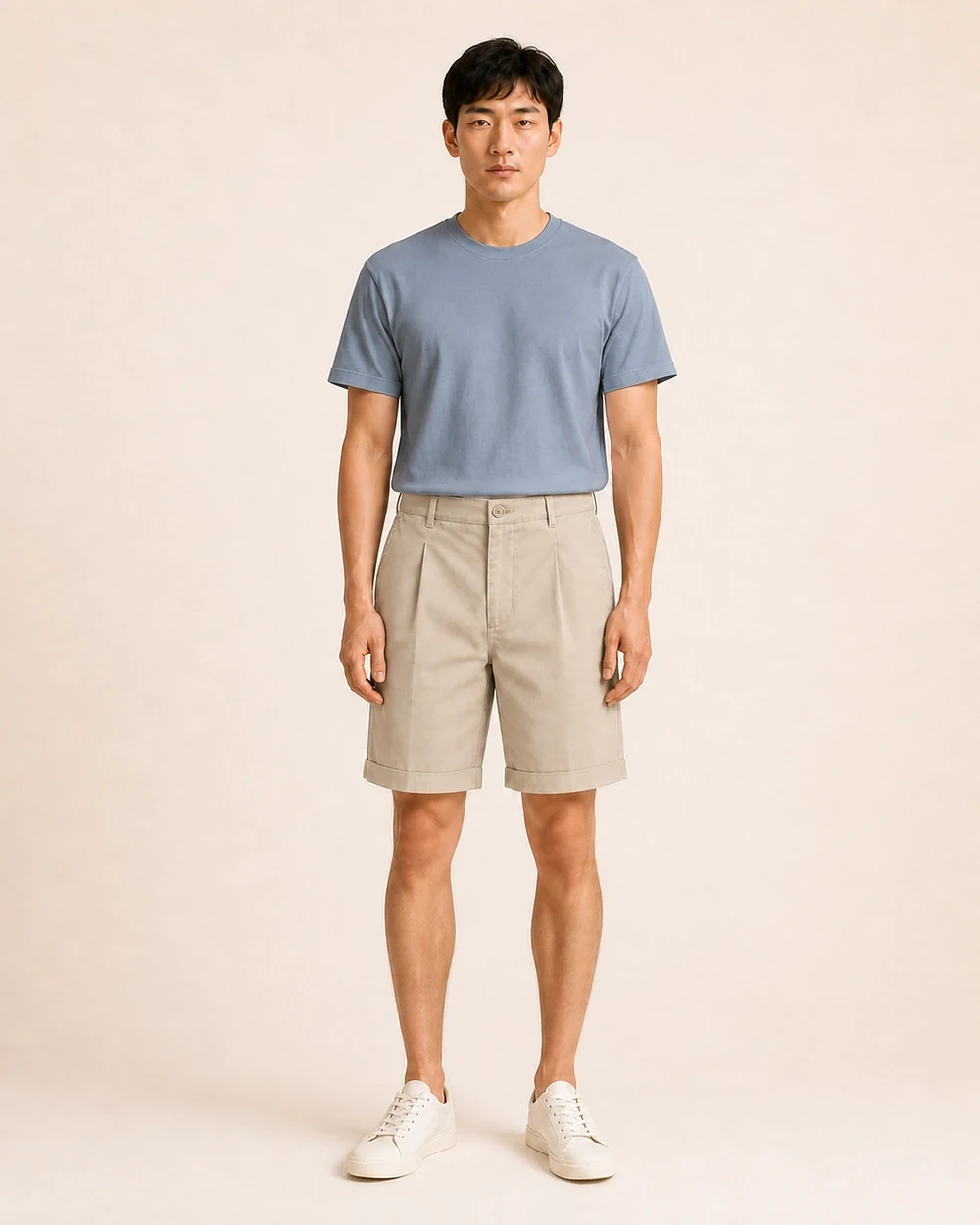 Pleat Chino shown in a full-length front model view in Stone Khaki