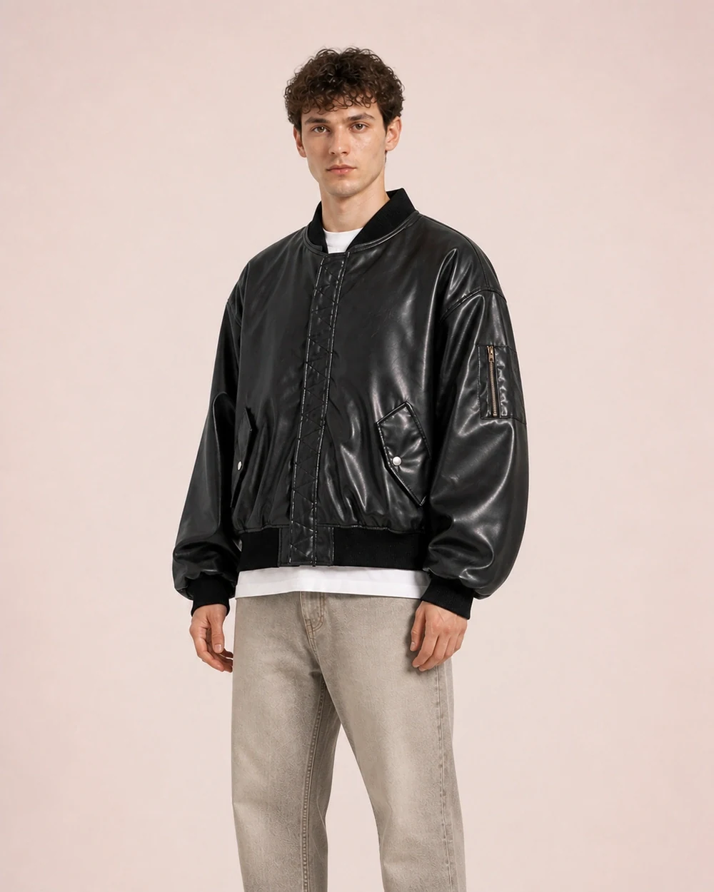 Vesper Bomber shown in a mid-length three-quarter model view in Black