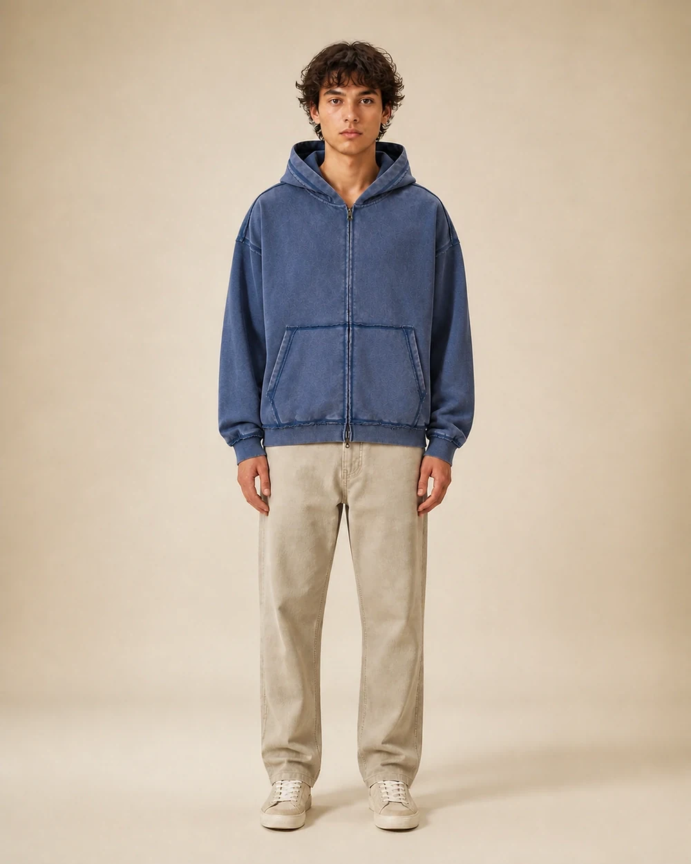 Riven shown in a full-length front model view in Vintage Indigo