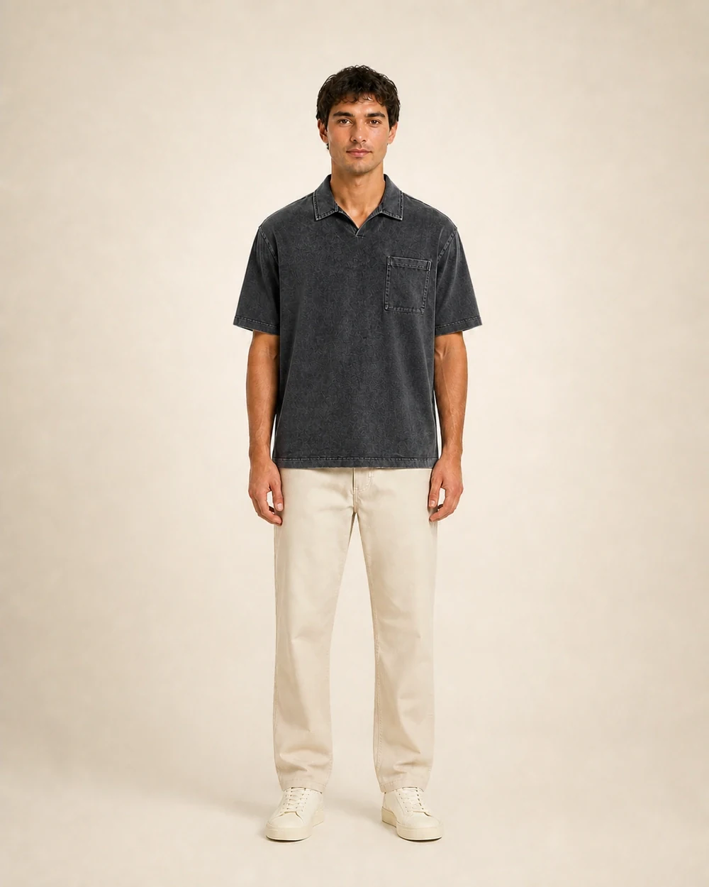 Foundry Polo shown in a full-length front model view in Snow Wash
